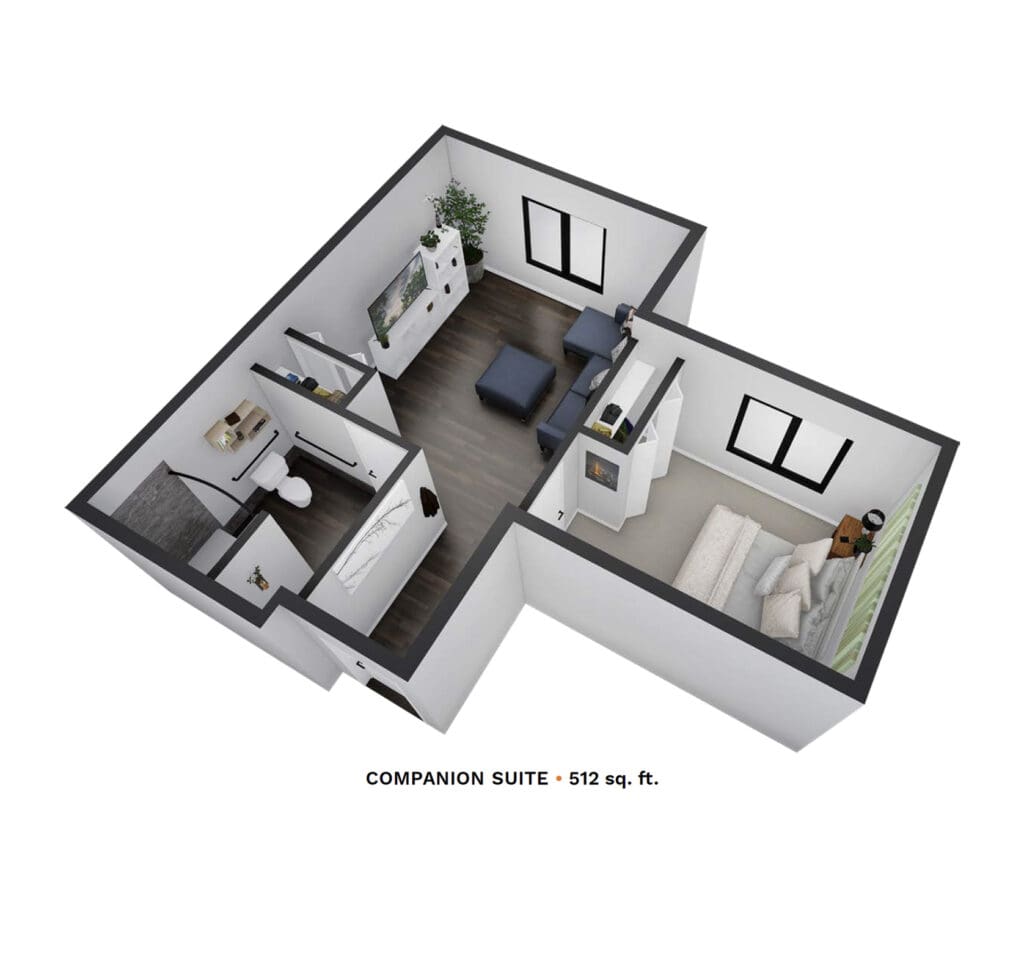 Rendering of a companion suite with 512 square feet.