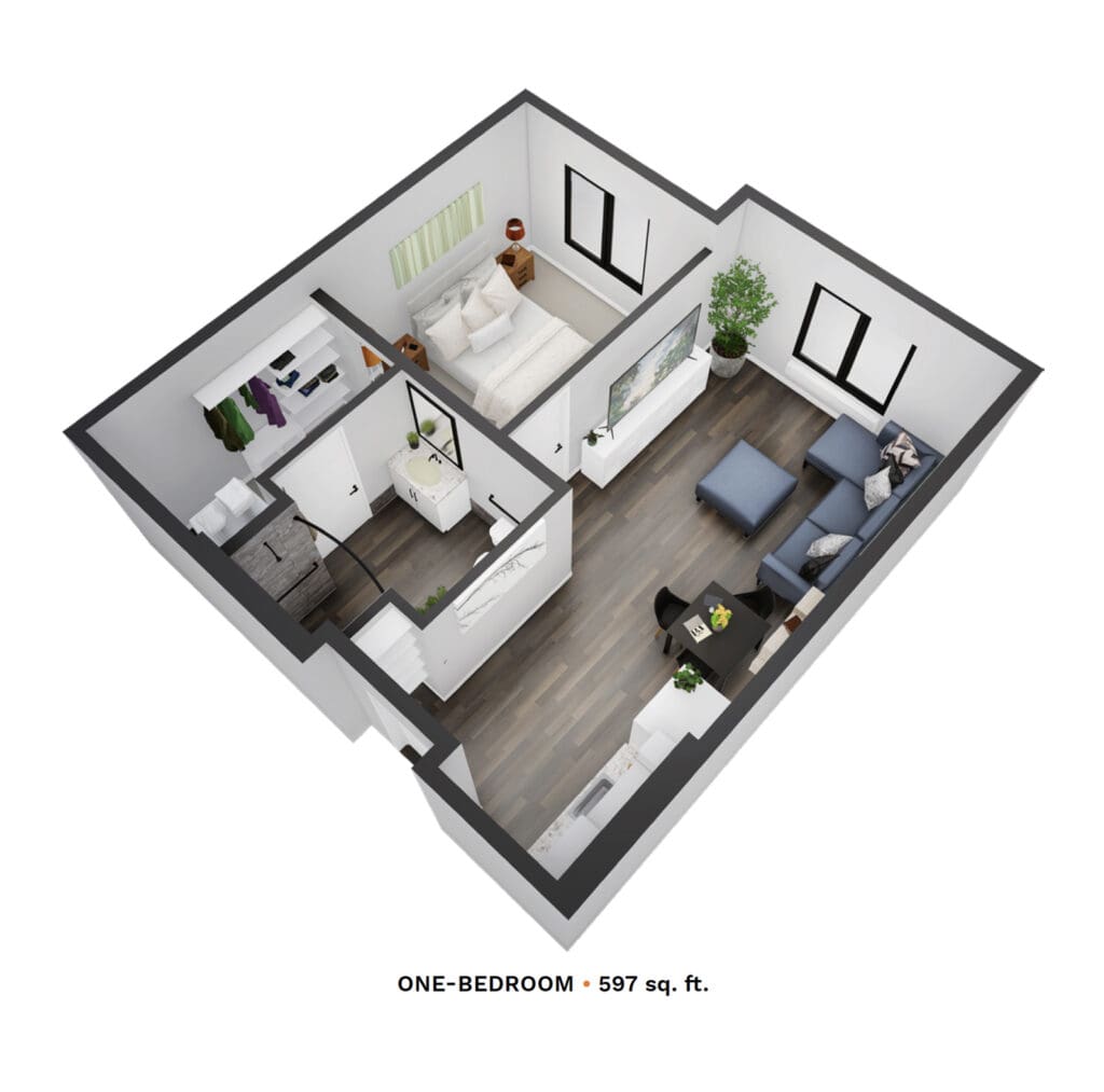 Rendering of a one-bedroom apartment with 597 square feet.