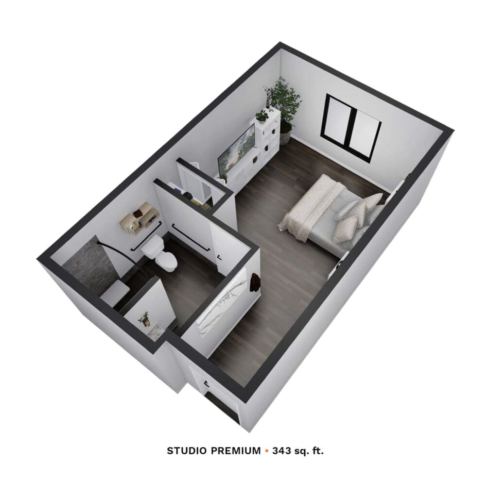 Rendering of a studio apartment with 343 square feet.