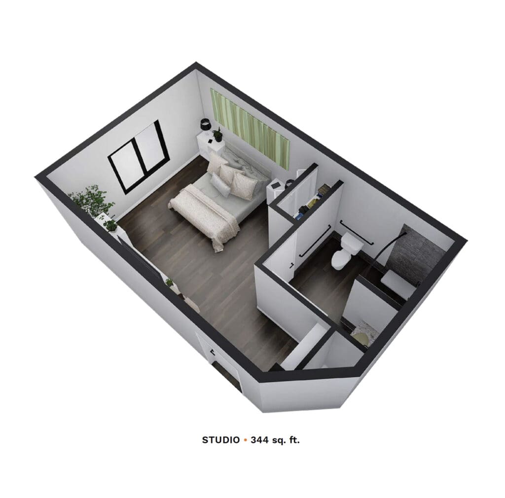 Rendering of a studio apartment with 344 square feet.