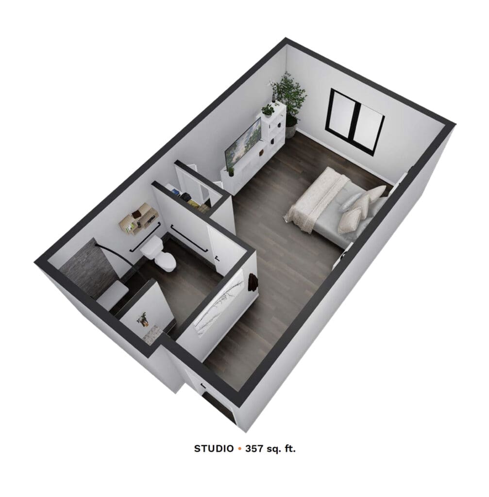Rendering of a studio apartment with 357 square feet.