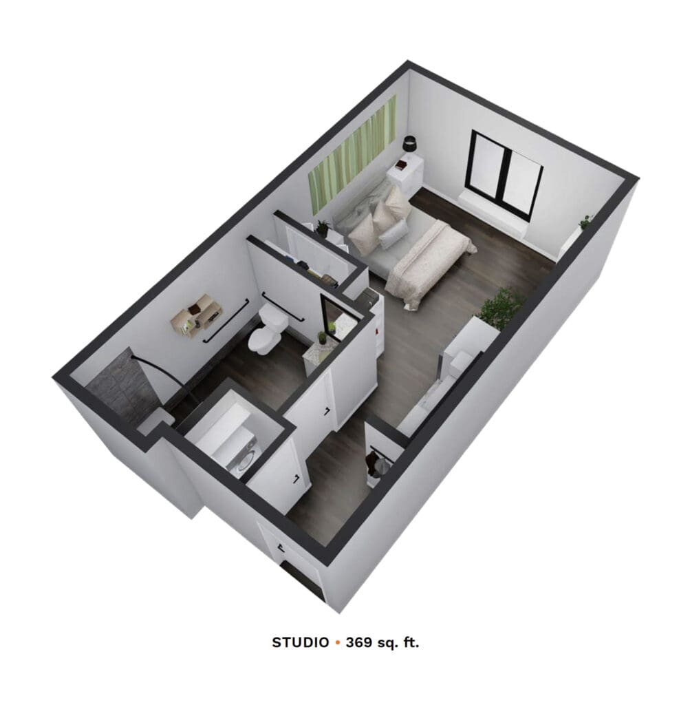 Rendering of a studio apartment with 369 square feet.