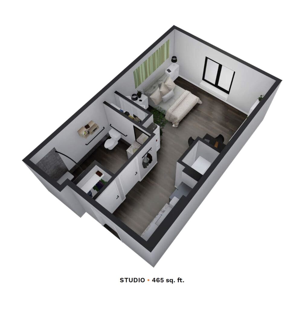 Rendering of a studio apartment with 465 square feet.